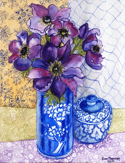 Anemones in a Blue and White Vase with Pot and Textiles 2012 by Joan Thewsey